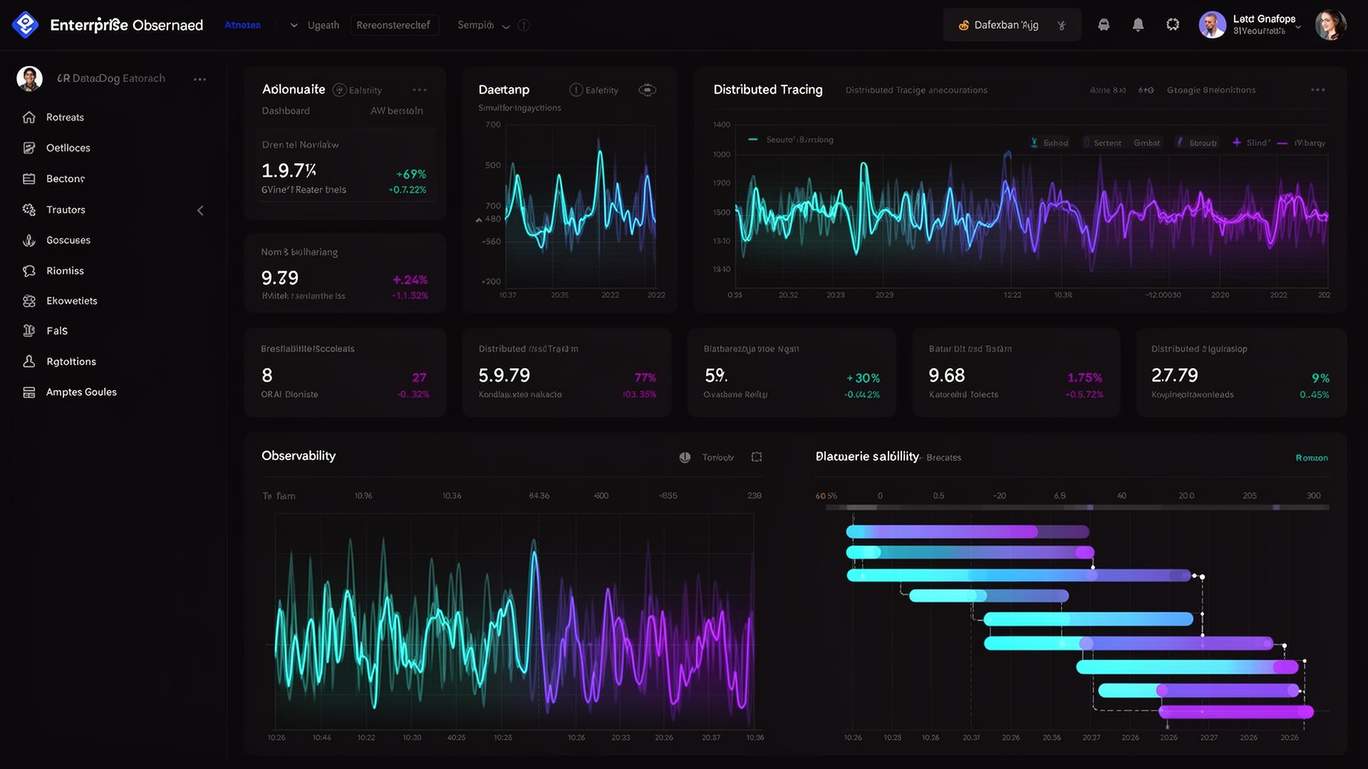 Painel de observabilidade correlacionando métricas, logs e traces